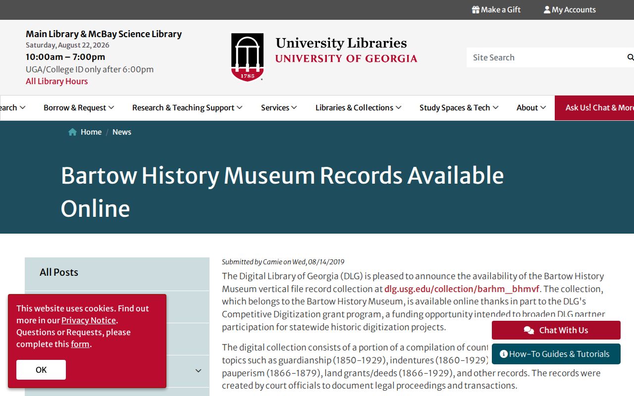 Digital Library of Georgia information about digitized Bartow History Museum records