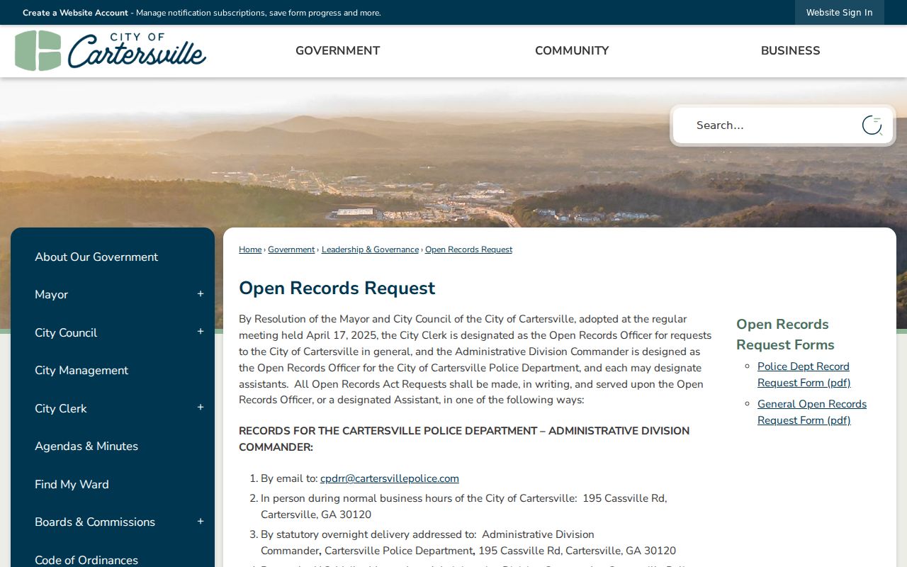Cartersville open records request page with city access channels