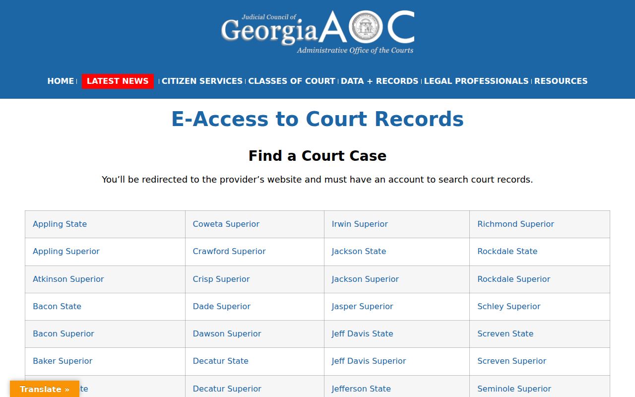 Georgia court e-access directory listing Bartow court record access