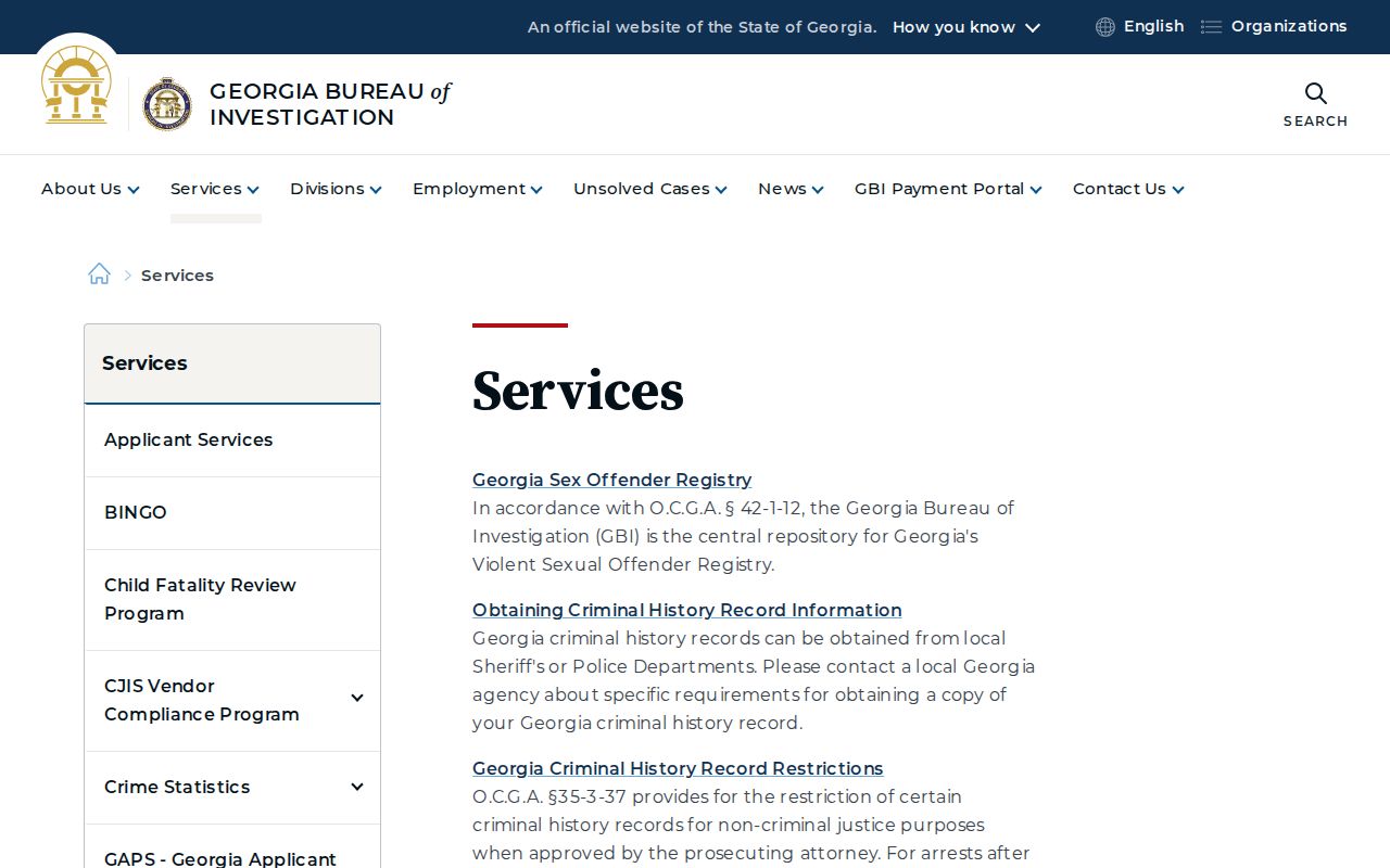 Georgia Bureau of Investigation services page for public safety resources