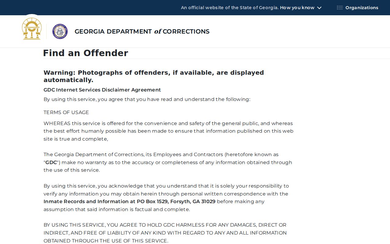 Georgia Department of Corrections offender query verification notice
