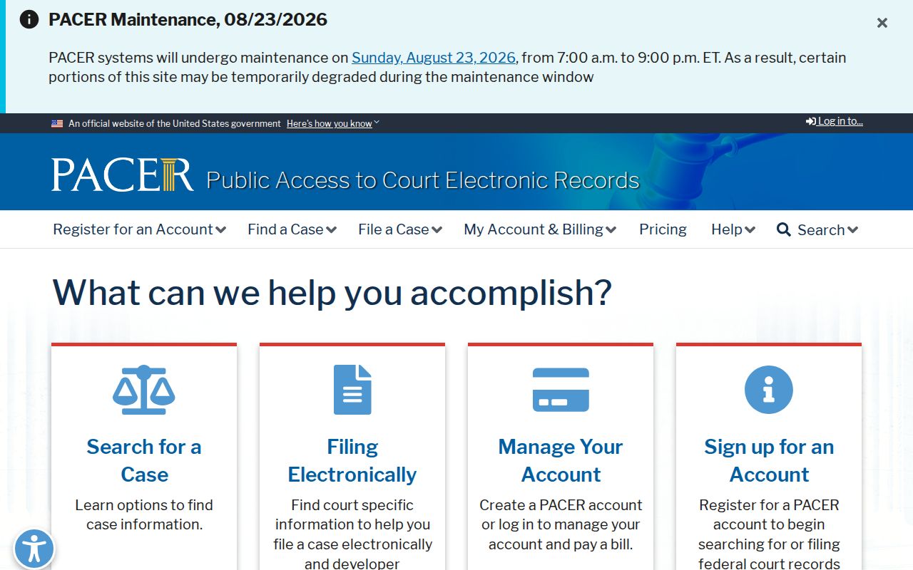 Official PACER federal court records search entry point