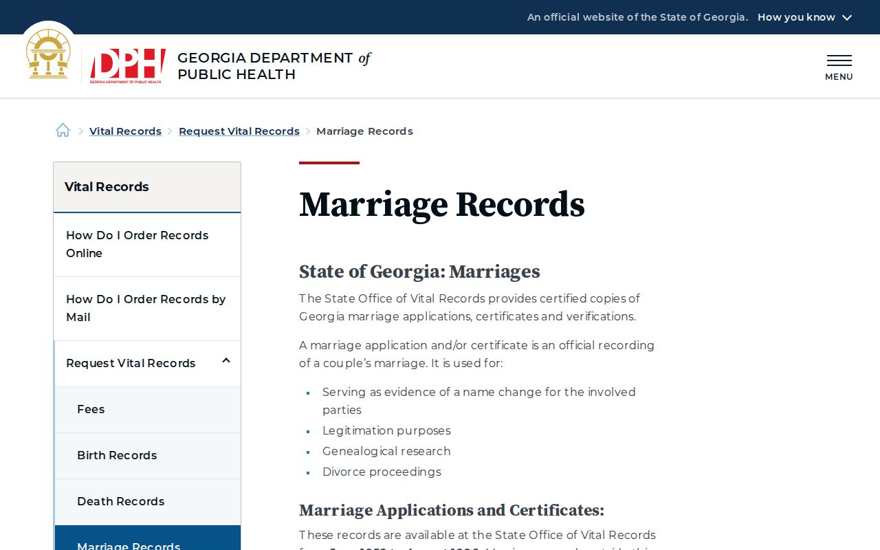 Georgia Department of Public Health marriage record request information
